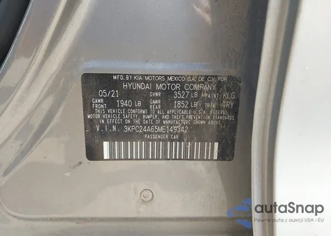 2021 Hyundai Accent Se z USA, uszkodzony, nr VIN 3KPC24A65ME149342